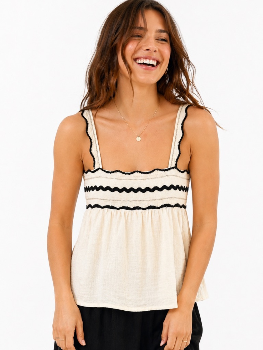 Nekane NKN Cream Smocked Cami Tank Top Black Gold Trim Boho Resort XS NWT